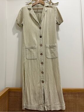Free People Gauze Textured Cream Button-Front Maxi Dress